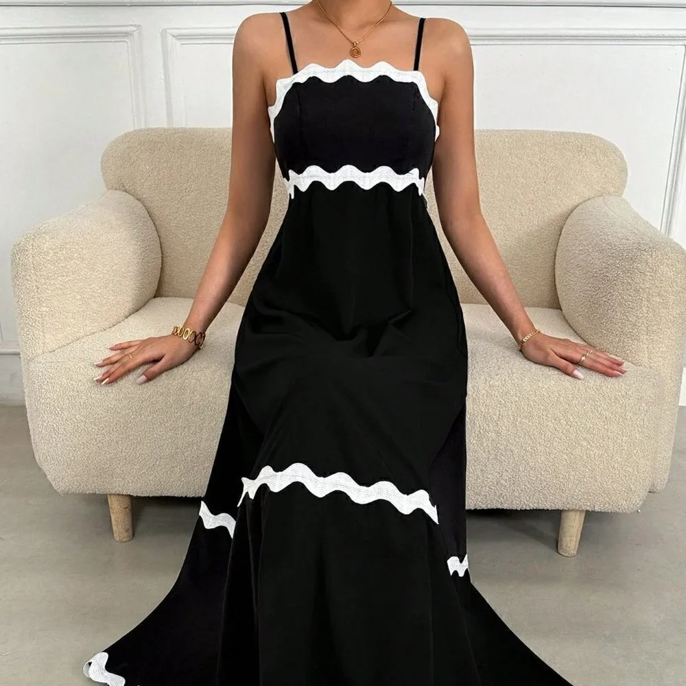 Black Boho Womens Color Block Woven Strap Splice Sleeveless Dress - Picture 5 of 5